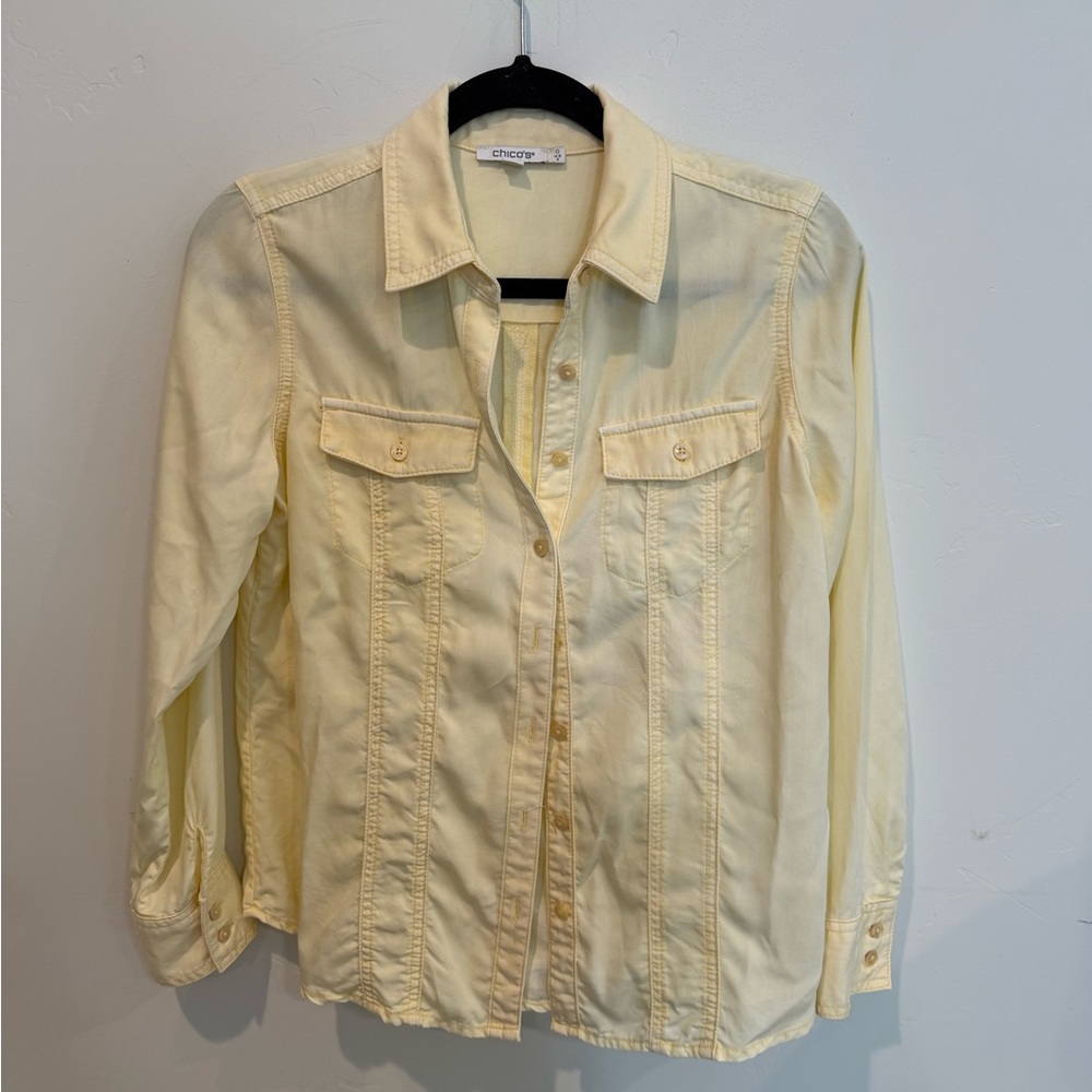 Chico's Soft Butter Yellow Button Up Blouse Womens 4 Small Spring Easter Casual